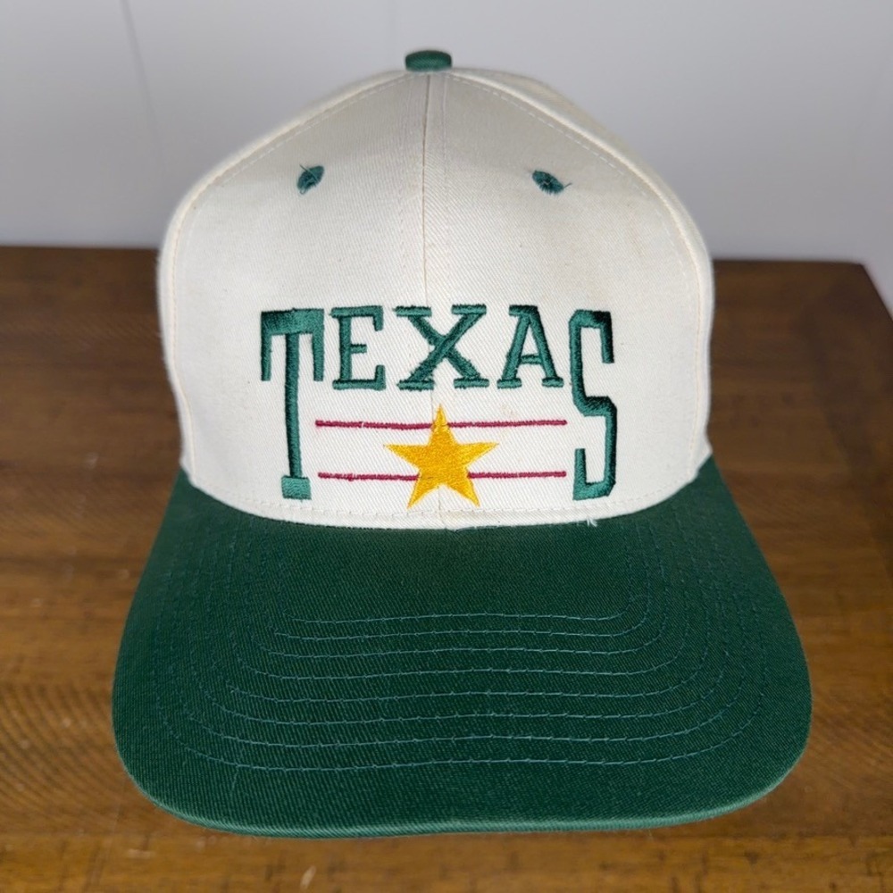 VTG Texas Hat Mens Cream Green Texas Star Snapback 90s Western Triangle Headwear